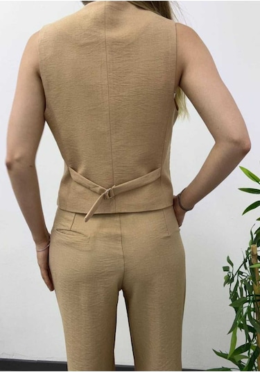 Nevege Butik Nevege Kadin V Yaka Camel Astarli Keten Yelek Camel