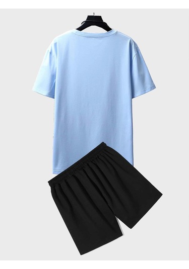 Moon T-shirt Şort - Bebe Mavi Siyah Alt Üst Kombin Şort Tişört Takım Baskılı Oversize Bisiklet Yaka Bebe Mavi