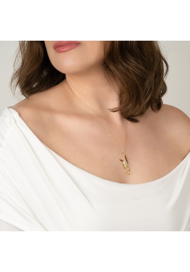 Kayra Mücevher Prenses Turuncu Taşlı Anka Kuşu Altın Kaplama Kolye