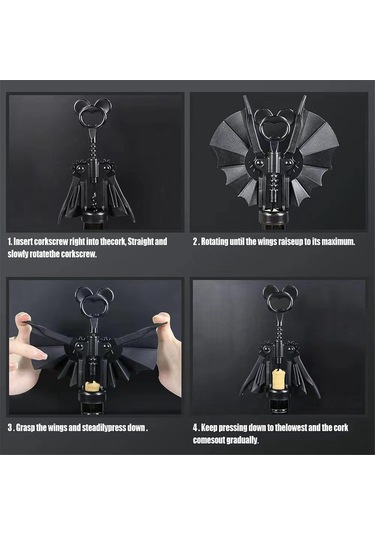 Kanatlı Yarasa Şarap Açacağı, 2'si 1 Arada Şarap Ve Bira Açacağı, Şişe Açacağı Siyah