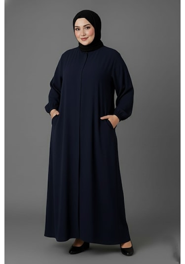 Medine İpeği Mevlana Kesim Cepli Kuşaklı Bol Büyük Beden Ferace Lacivert