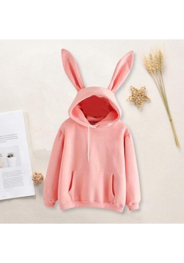 Novahub Kırmızı Kadın Kapüşonlu Sweatshirt - Tavşan Kulak Dekorlu, Uzun Kollu, Rahat Kışlık Üst Kırmızı