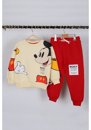 Unisex Çocuk Mickey Mouse Baskılı 3 İplik Şardonsuz Kışlık Sweat Ve Eşofman Alt Üst Takım Bej