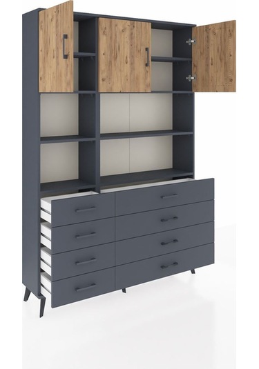Arges Dolap 8 Raflı 8 Çekmeceli 3 Kapaklı 132x30x195 Antrasit-çam/antrasit Atlas Çam/antrasıt