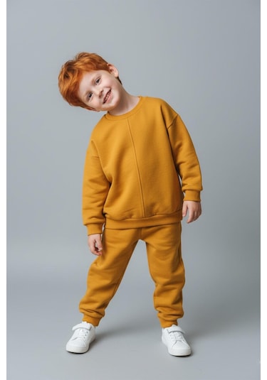 Unisex Çocuk Dikiş Detaylı 3 İplik Hardal Alt Üst Takım Hardal