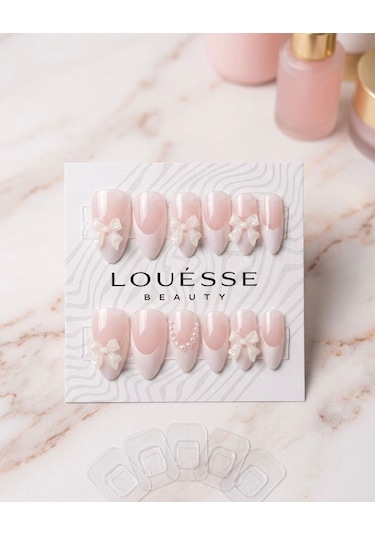 Louésse Blush Bow Takma Tırnak Pembe Kurdele İnci Detaylı Soft Nail 12'li