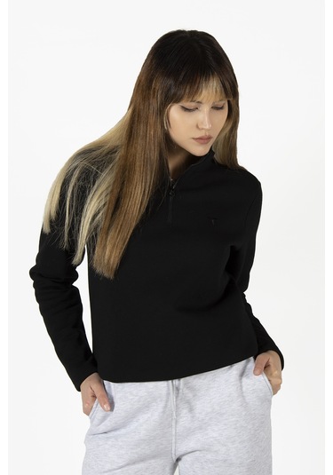 Kadın Siyah Yarım Fermuarlı Basic Düz Renk Trend Sweatshirt Siyah