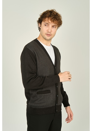 Ateş Triko Erkek Cep Detaylı V Yaka Yün Hırka 4490 Füme Füme