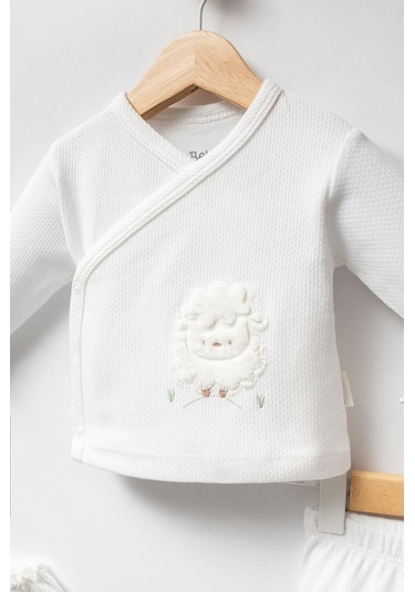 Bebitof %100 Pamuk Kuzu Desenli 5 Parça Yenidoğan Hastane Çıkışı Zıbın Seti Bbtf.ekr.20128 Ekru