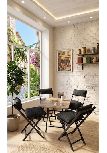 Minderli Balkon Bahçe Mutfak Bistro Set Katlanır 4+1 Masa-sandalye Antrasit - Siyah