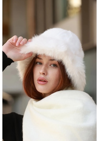 Kadın Peluş Bucket Kalpak Şapka 1143 Rkş-14 Ekru Ekru