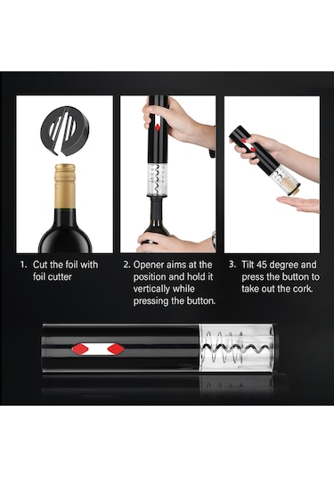 Reedark Şarap Açma Seti - Otomatik Mantar Çekme, Döküm Başlığı Ve Vakum Tıpası İle Pratik Kullanım Siyah