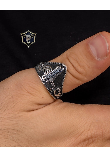 Prestij Gümüş 925 Ayar Gümüş Erkek Baş Parmak Zihgir Tuğralı Motifli Yüzük