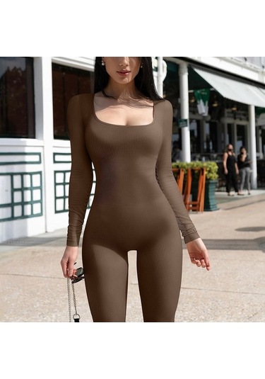 Danrimaoyi Kadın Avrupa Ve Amerika Sonbahar Ve Kış Yeni Varış Dişli Kare Yaka Slim Fit Tulum Kahverengi