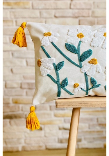 Swita Home Punch İşlemeli Tekli Dekoratif Papatya Desen Kırlent Kılıfı Panç Beyaz