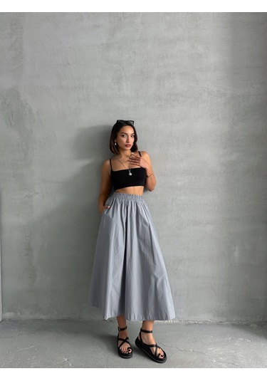 Kadın Beli Lastikli Dokuma Kloş Etek Gri