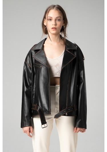 Dericlub Wm031 Oversize Biker Kadın Silme Deri Mont