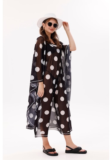 Tarzını Seç Kimono Pareo - Tesettür Pareo - Puantiyeli Siyah 240x135 Cm Çok Renkli