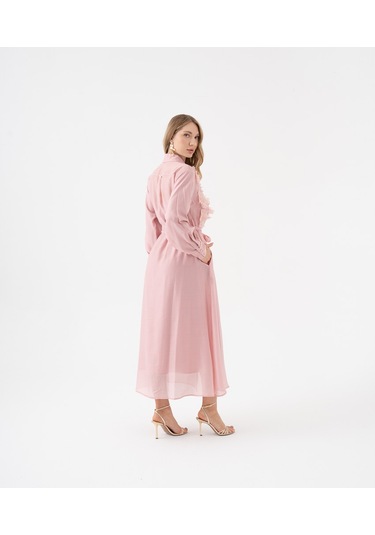 3d Çiçek Aplikeli Kuşaklı Gömlek Elbise Pudra