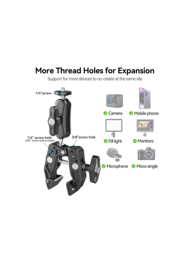 Ranyeek Alüminyum Çift Toplu 360 Döner Kancalı Tutucu - 2kg Yük, 11-65mm Mesafe, 1/4" & 3/8" Vida - Telefon, Spor Kamera, Monitör Uyumlu