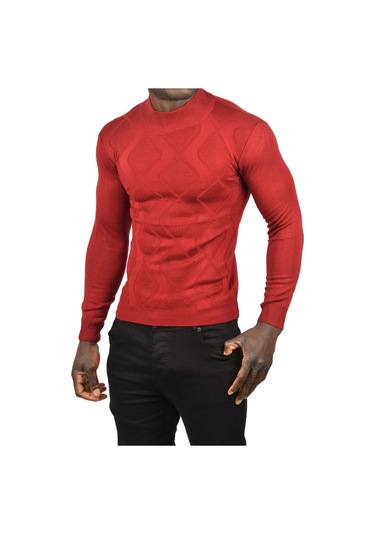 Deepsea Erkek Bordo Deepsea Baklava Desenli Slim Fit Yarım Balıkçı Yaka Triko Boğazlı Kazak 2505511 Bordo