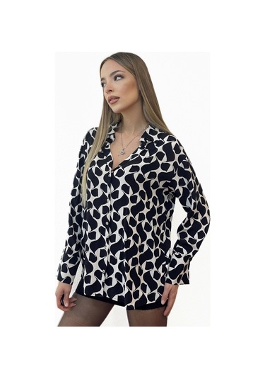 Oversize Grafik Desenli Siyah Gömlek Siyah