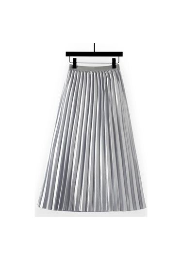 M-4xl Yaz Düz Renk Uzunluk Kadın Midi Pileli Etekler Elastik Yüksek Bel Saten Düz Etek Kore A Kesim Etek Qt2397 Siyah