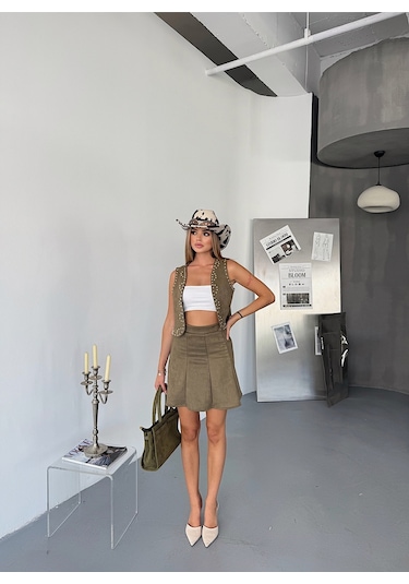 Kadın Suni Süet A Kesim Esnek Mini Etek Haki