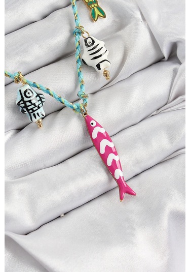 Seramik Motifli Pembe Balık Figürlü Model Mavi İp Kadın Kolye Çok Renkli