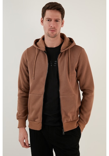 Buratti Regular Fit Kapüşonlu Fermuarlı Içi Tüylü Yumuşak Şardonlu Kışlık Erkek Sweat 5905340 Sütlü Kahve