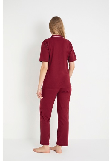 Bordo Renk Biyeli Pamuklu Kısa Kol Pijama Takımı Bordo