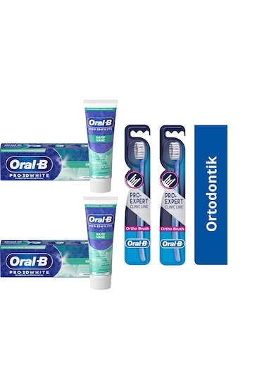 ﻿Oral-B 3D White Hafif Nane Diş Macunu 2 x 75 ML + Clinic Line Ortodontik 35 Diş Fırçası 2'li