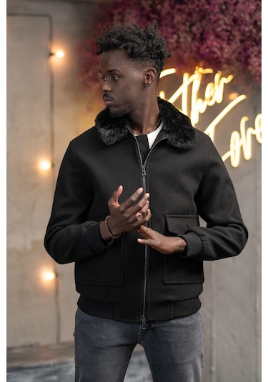 Slimfit Kürklü Sabit Yaka Beli Lastikli Astarlı Kaşe Mont Siyah