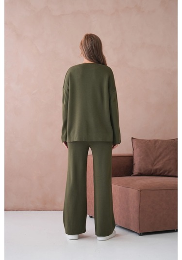 Kadın Bisiklet Yaka Düşük Kol Kazak Pantolon İkili Triko Takım Haki