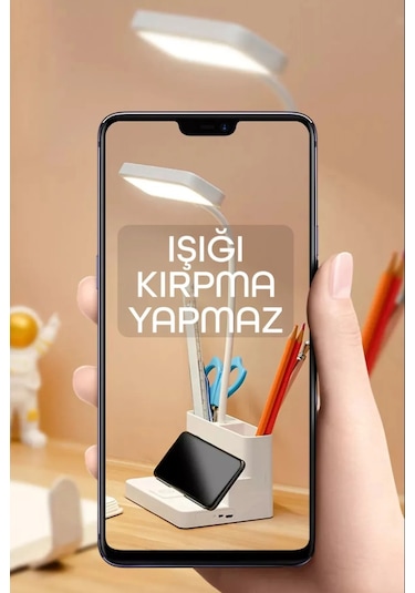 Şarjlı Masa Lambası - 3 Renk Dokunmatik Telefon Standlı 400 Lümen Usb Şarjlı Göz Yormayan Işık Beyaz