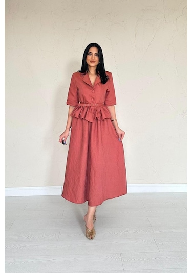 Moccah İnce Kemerli Fırfırlı Ceket Ve Büzgülü Etek Takım Mocca