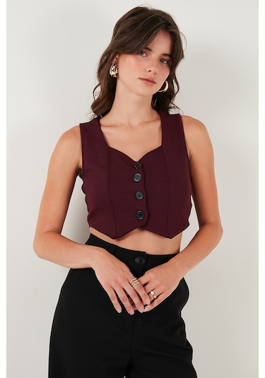 Lela Slim Fit Kalp Yaka Düğmeli Kalın Askılı Crop Bayan Yelek 5865497 Bordo