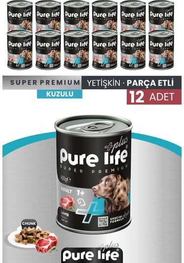 Pure Life Plus 12'li Sığır Yetişkin Konserve Chunk Parça Etli Yaş Mama 400 G