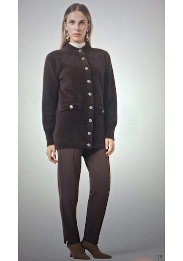 Nuss 7008 Sahte Cep Detay Düğmeli Angora Hırka - Kahve Kahverengi