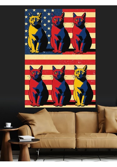 Renkli Kedi Pop Art Dekoratif Kanvas - Mdf Ahşap Tablo