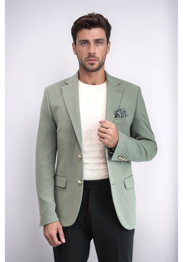 Haki Yeşil Kendinden Desenli Örme Altın Renk Metal Düğmeli Slim Fit Erkek Blazer Ceket - Wessi Green Haki Yeşil Kendinden Desenli Örme Altın Renk Metal Düğmeli Slim Fit Erkek Blazer Ceket - Wessi Green