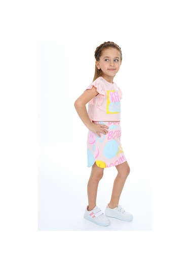 Toontoy Kız Çocuk Baskılı Etekli Takım Pudra