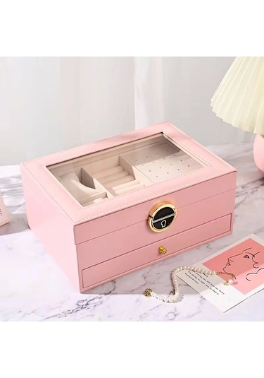Dışı Deri İçi Kadife Kilitli Çekmeceli Takı Bijuteri Mücevher Kutusu Organizer Düzenleyici Pembe İth