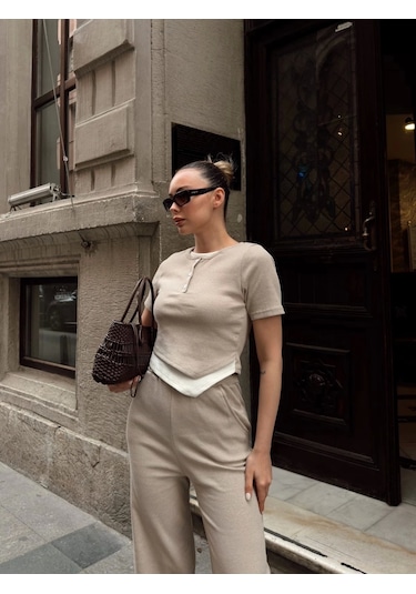 Düğme Yakalı Bej Alt Üst Takım S3943 Bej