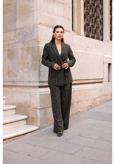 4 Düğmeli Kruvaze Geniş Çizgili Takım Haki Haki