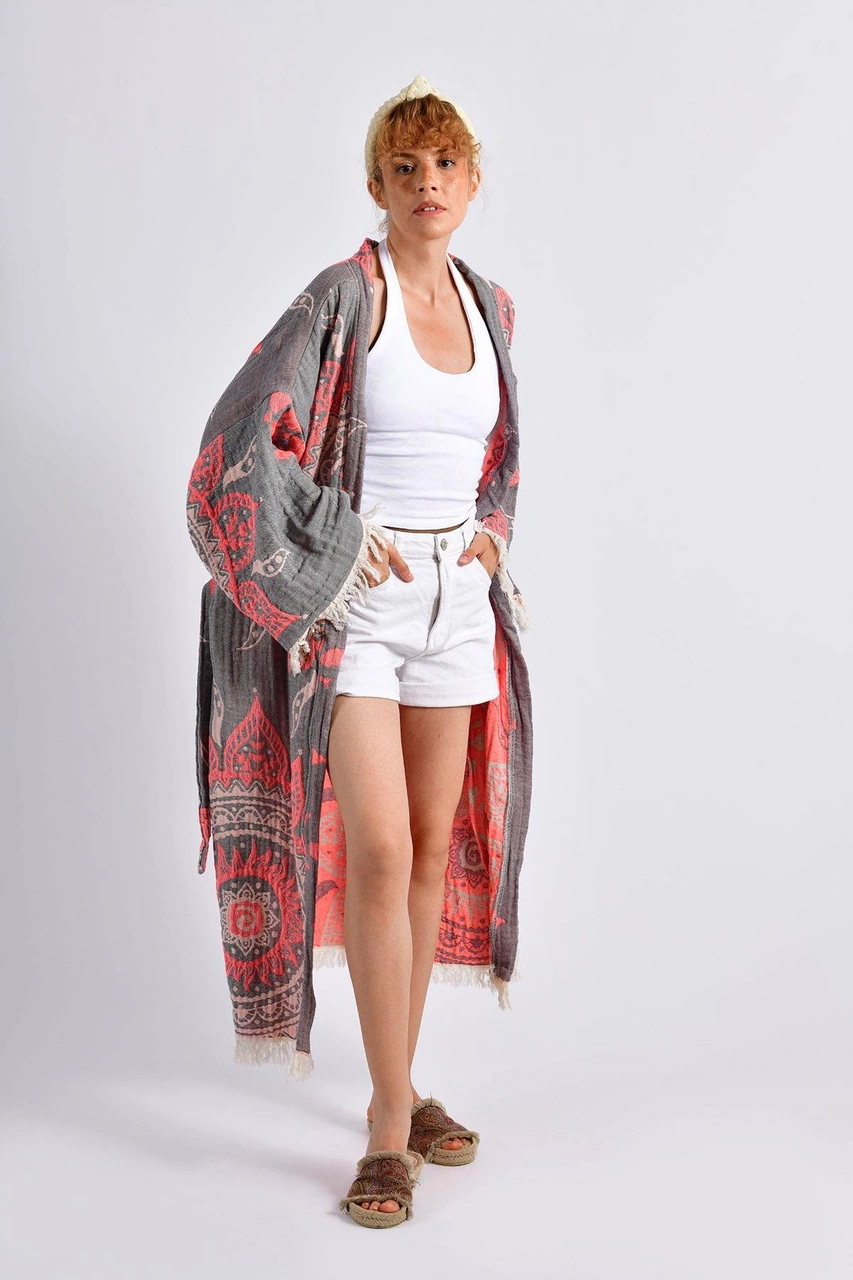 Brandsmithshop Gri- Turuncu Mandala Kimono Çok Renkli