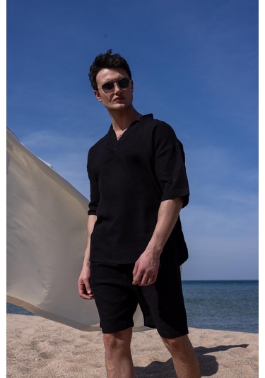 Siyah Renk V Yaka Gömlek Şort Erkek Yıkamalı Keten Takım-1741 Siyah