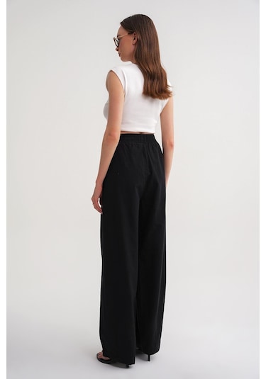 4682 Kadın Beli Lastikli Jogger Bol Keten Pantolon Siyah Siyah
