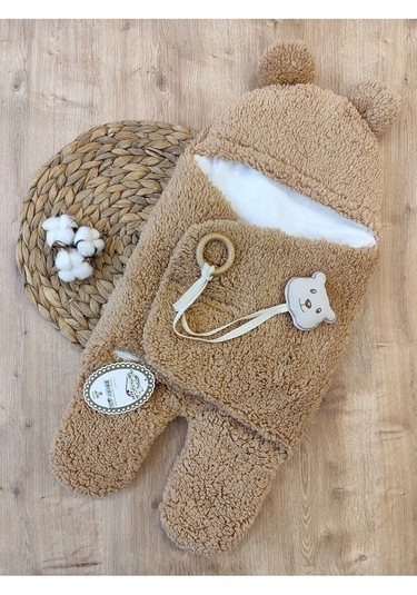 Bebek Dış Kundak Battaniyesi Pelüş Ayaklı Welsoft Uyku Tulumu Kışlık Mont Yenidoğan 0-12 Ay Sütlü Kahve