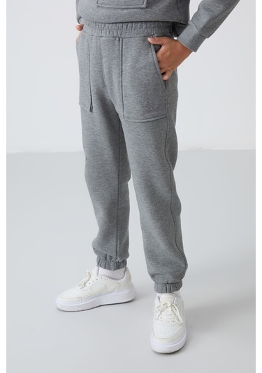 Gri Melanj Pamuklu Kalın İçi Tüylü Yumuşak Dokulu Standart Fit Baskılı Erkek Çocuk Eşofman Takım - 11257 Gri Melanj